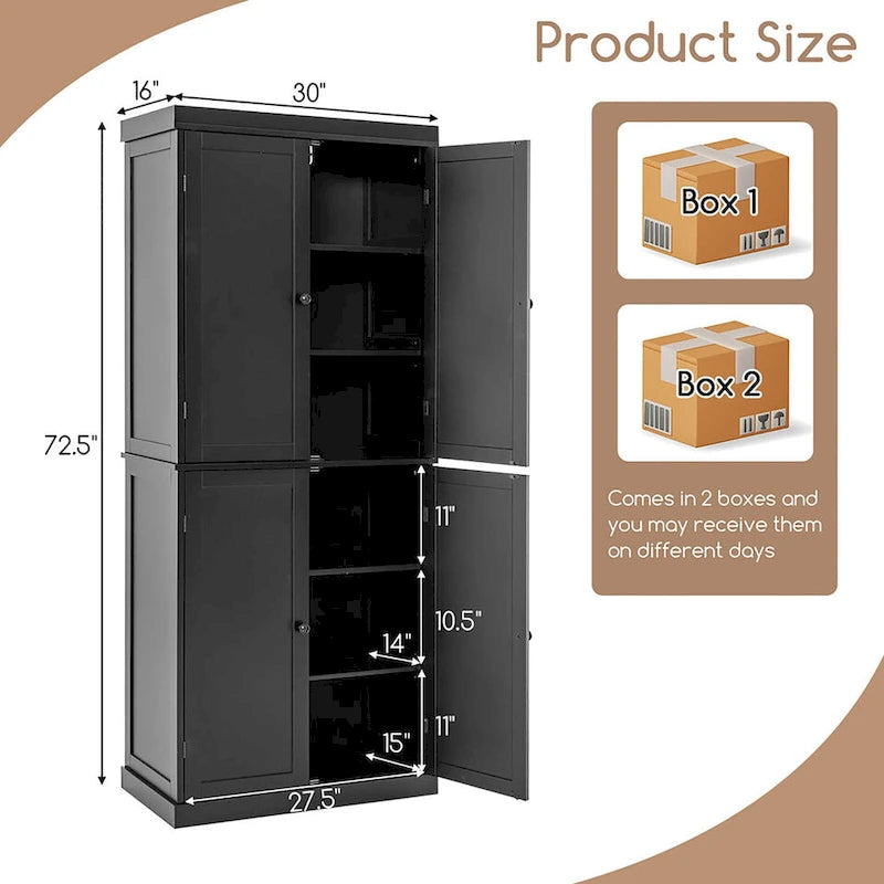 72.5 Kitchen Pantry w/4 Door 6-Tier Shelves Freestanding