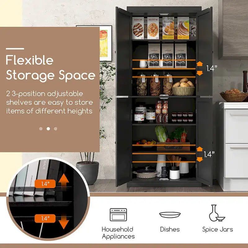 72.5 Kitchen Pantry w/4 Door 6-Tier Shelves Freestanding