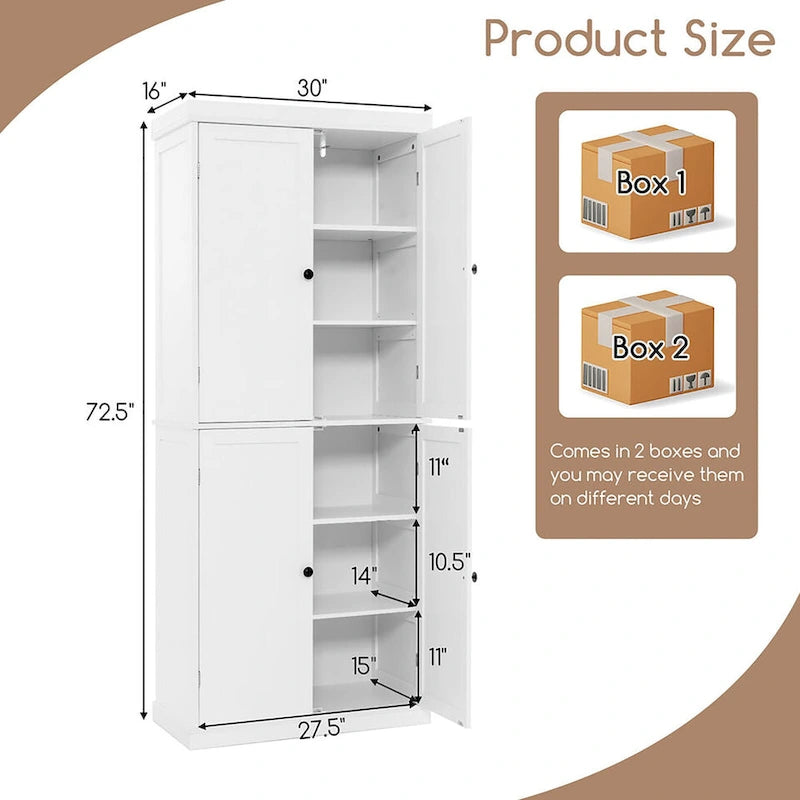 72.5 Kitchen Pantry w/4 Door 6-Tier Shelves Freestanding