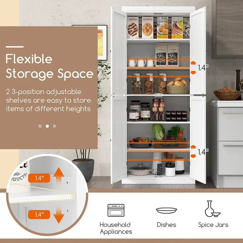 72.5 Kitchen Pantry w/4 Door 6-Tier Shelves Freestanding
