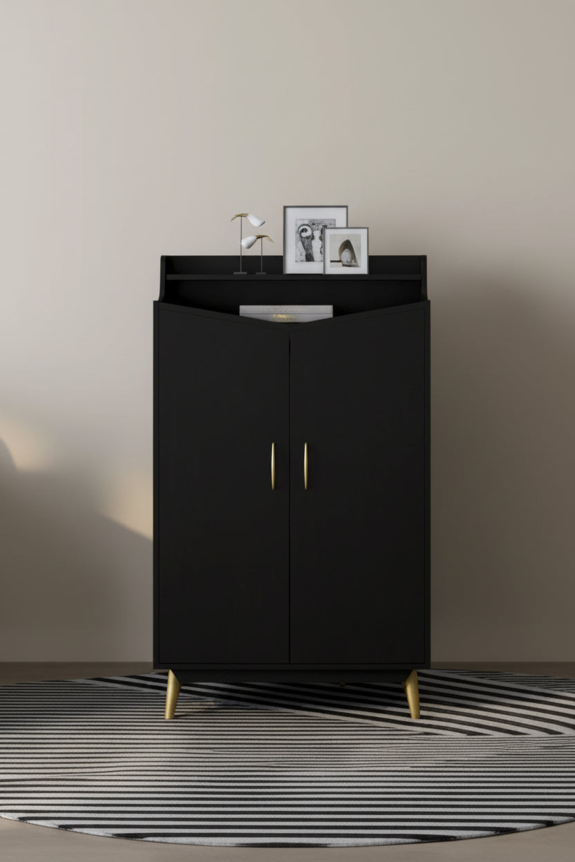DH BASIC Chic Mid-Century Modern Black with Gold 15-Pair Double-Door Shoe Cabinet by Denhour