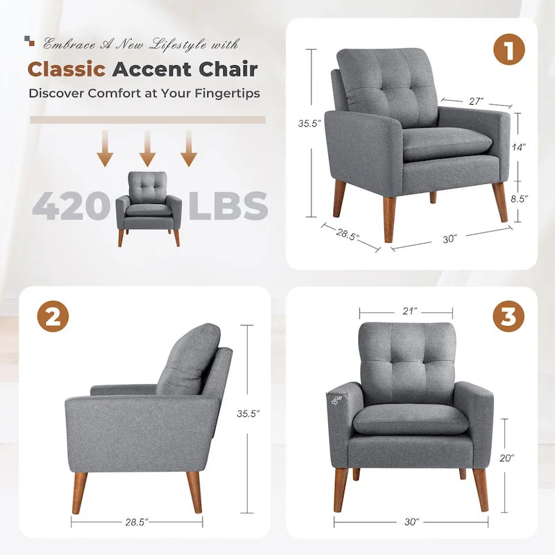 Accent Chair Modern Fabric Upholstered Arm Chair Wood Legs Lounge Chair for Living Room