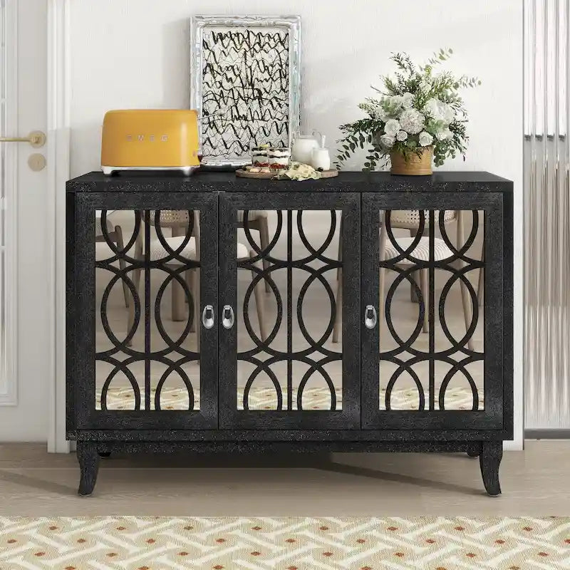 Retro Mirrored Sideboard with 3 Glass Doors – Farmhouse Storage Cabinet with Adjustable Shelves & Silver Handles