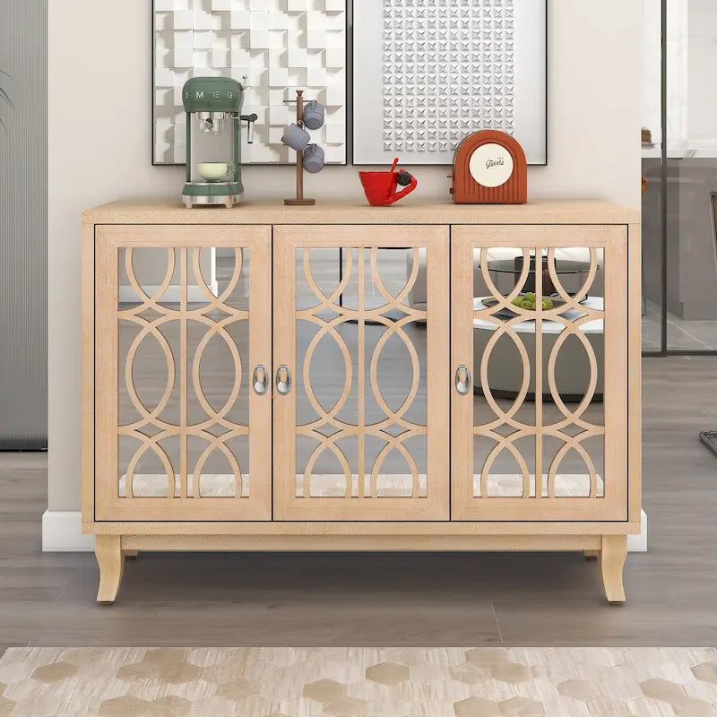 Retro Mirrored Sideboard with 3 Glass Doors – Farmhouse Storage Cabinet with Adjustable Shelves & Silver Handles
