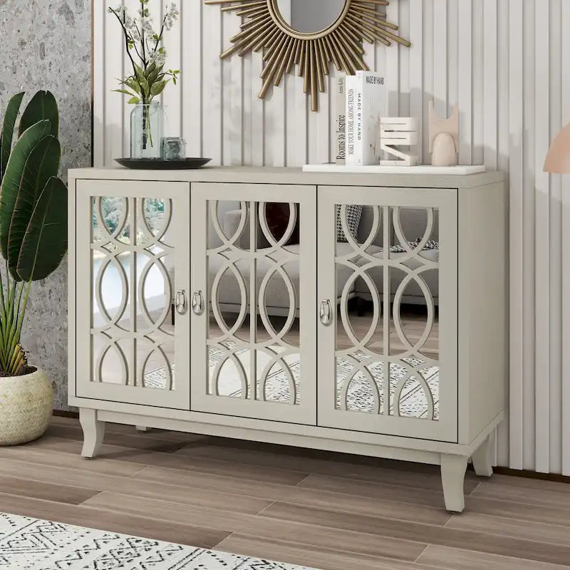 Retro Mirrored Sideboard with 3 Glass Doors – Farmhouse Storage Cabinet with Adjustable Shelves & Silver Handles