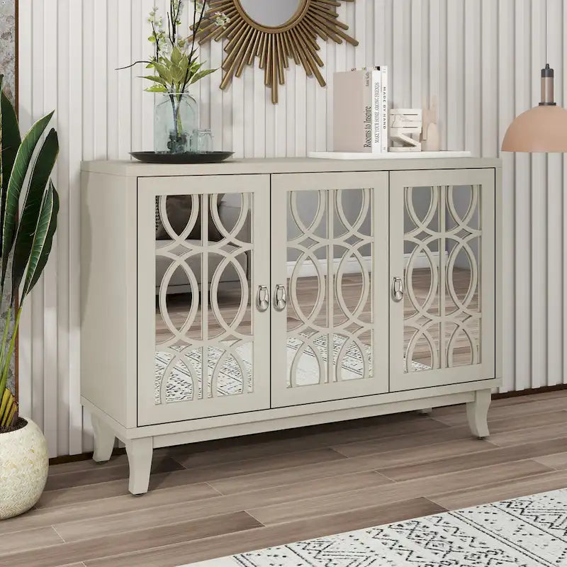 Retro Mirrored Sideboard with 3 Glass Doors – Farmhouse Storage Cabinet with Adjustable Shelves & Silver Handles