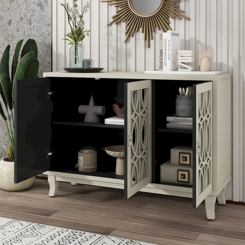 Retro Mirrored Sideboard with 3 Glass Doors – Farmhouse Storage Cabinet with Adjustable Shelves & Silver Handles
