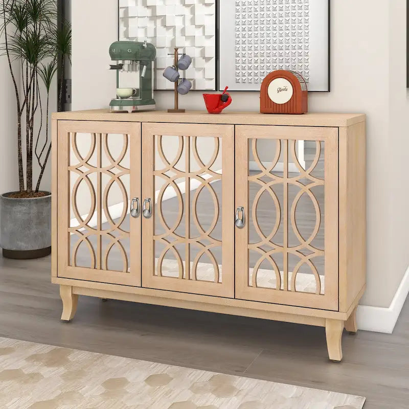 Retro Mirrored Sideboard with 3 Glass Doors – Farmhouse Storage Cabinet with Adjustable Shelves & Silver Handles