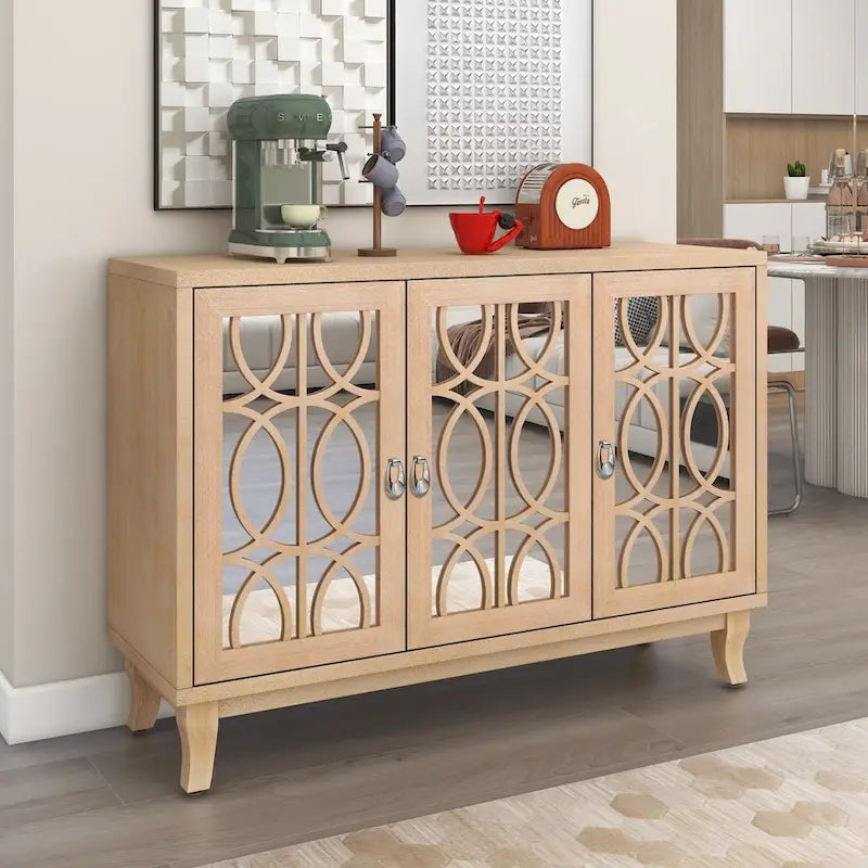 Retro Mirrored Sideboard with 3 Glass Doors – Farmhouse Storage Cabinet with Adjustable Shelves & Silver Handles