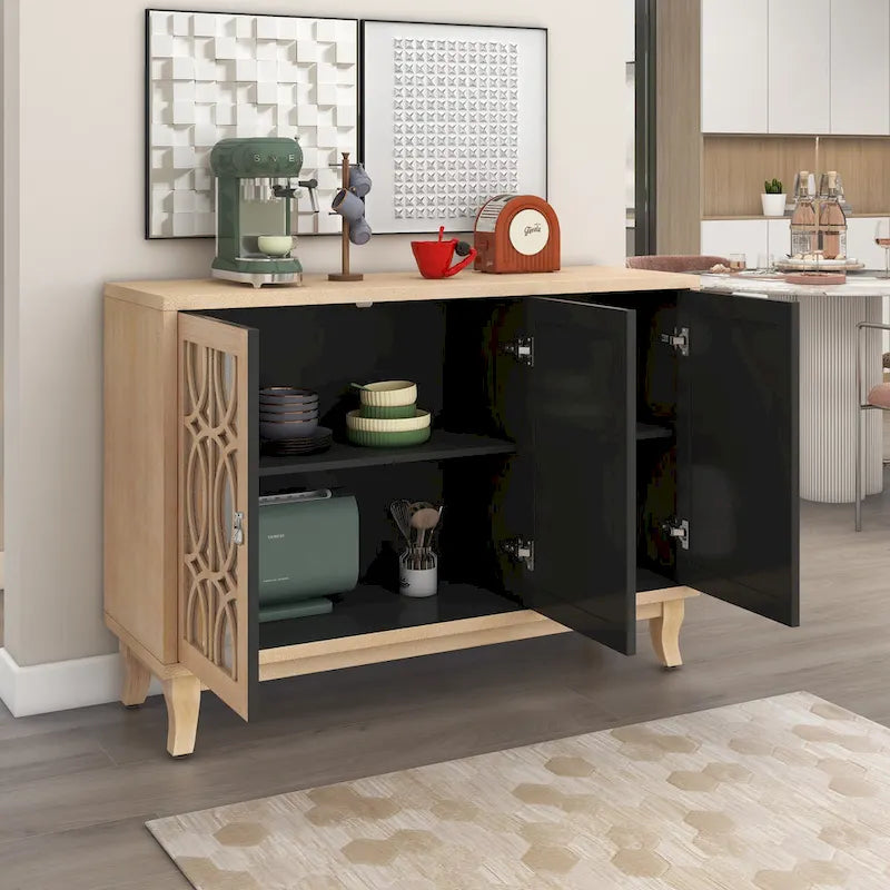 Retro Mirrored Sideboard with 3 Glass Doors – Farmhouse Storage Cabinet with Adjustable Shelves & Silver Handles