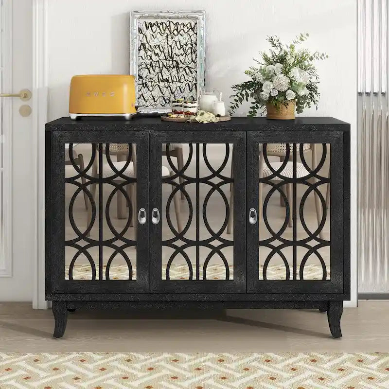 Retro Mirrored Sideboard with 3 Glass Doors – Farmhouse Storage Cabinet with Adjustable Shelves & Silver Handles