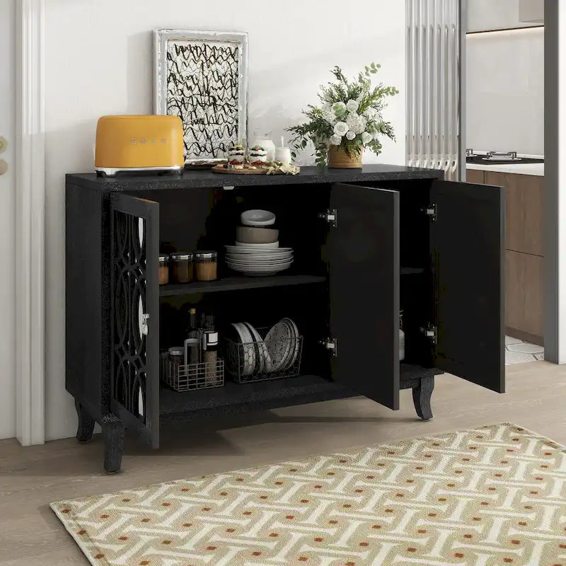 Retro Mirrored Sideboard with 3 Glass Doors – Farmhouse Storage Cabinet with Adjustable Shelves & Silver Handles