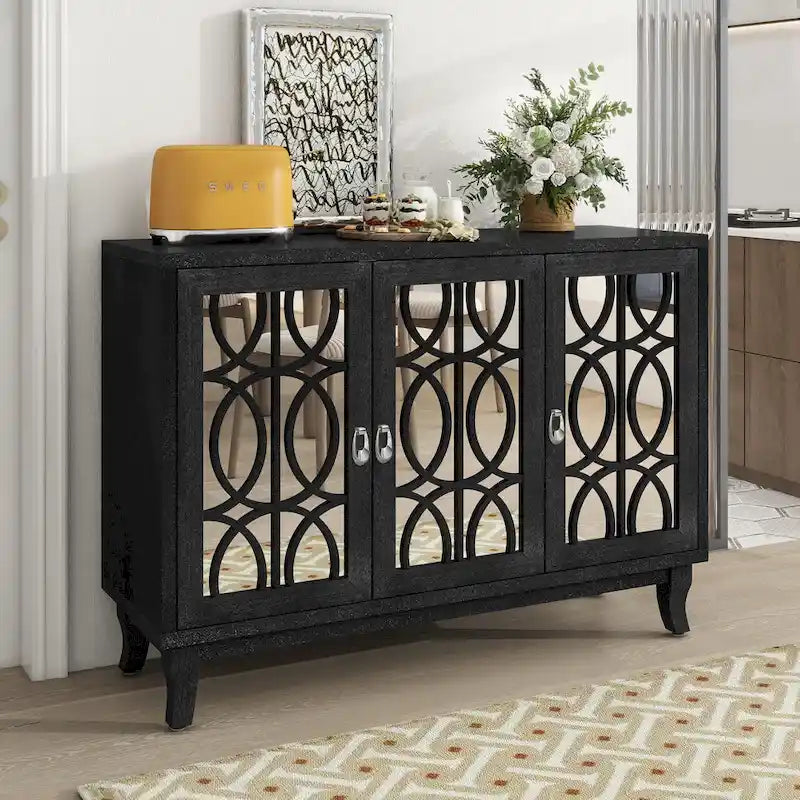 Retro Mirrored Sideboard with 3 Glass Doors – Farmhouse Storage Cabinet with Adjustable Shelves & Silver Handles
