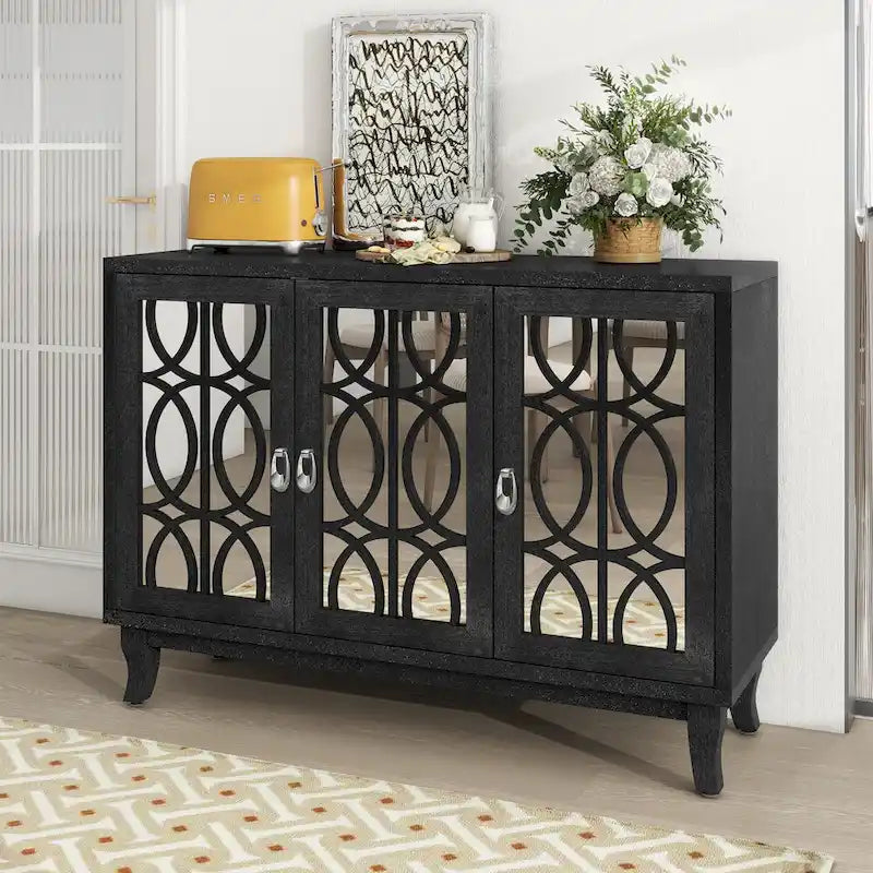 Retro Mirrored Sideboard with 3 Glass Doors – Farmhouse Storage Cabinet with Adjustable Shelves & Silver Handles
