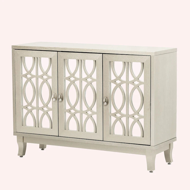Retro Mirrored Sideboard with 3 Glass Doors – Farmhouse Storage Cabinet with Adjustable Shelves & Silver Handles