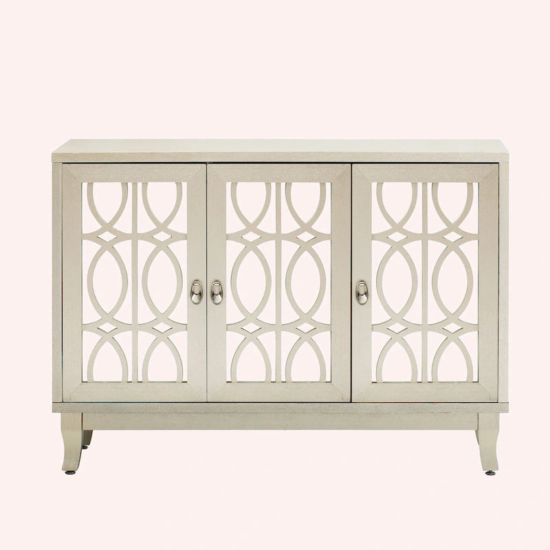 Retro Mirrored Sideboard with 3 Glass Doors – Farmhouse Storage Cabinet with Adjustable Shelves & Silver Handles