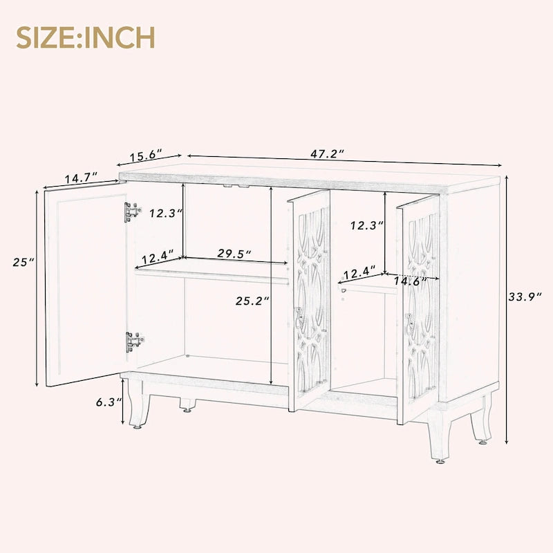 Retro Mirrored Sideboard with 3 Glass Doors – Farmhouse Storage Cabinet with Adjustable Shelves & Silver Handles