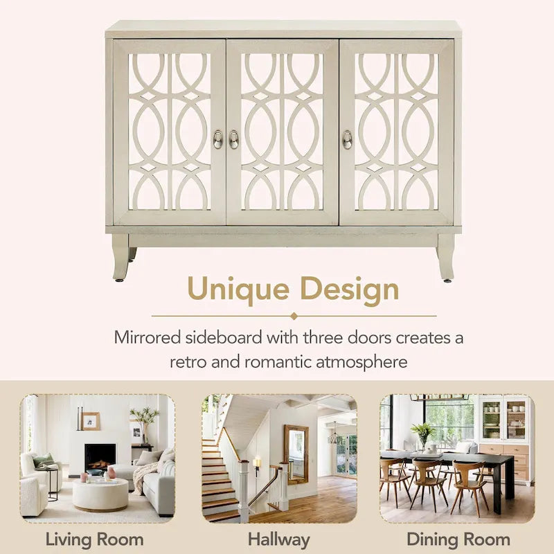 Retro Mirrored Sideboard with 3 Glass Doors – Farmhouse Storage Cabinet with Adjustable Shelves & Silver Handles