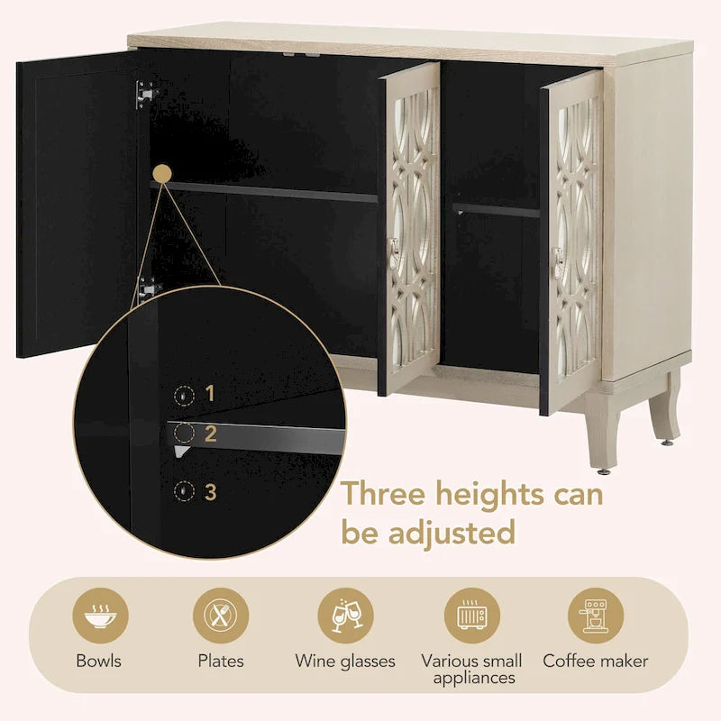 Retro Mirrored Sideboard with 3 Glass Doors – Farmhouse Storage Cabinet with Adjustable Shelves & Silver Handles