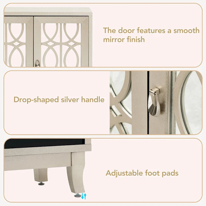 Retro Mirrored Sideboard with 3 Glass Doors – Farmhouse Storage Cabinet with Adjustable Shelves & Silver Handles