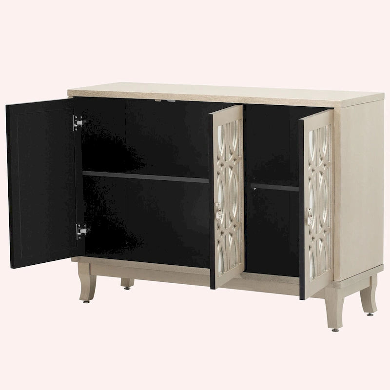 Retro Mirrored Sideboard with 3 Glass Doors – Farmhouse Storage Cabinet with Adjustable Shelves & Silver Handles