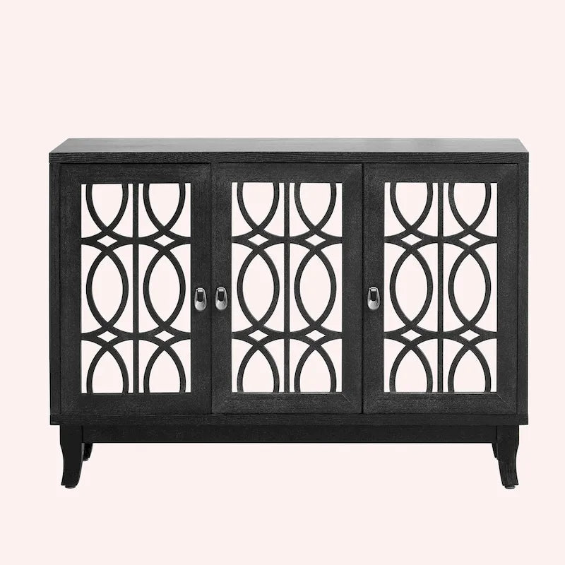 Retro Mirrored Sideboard with 3 Glass Doors – Farmhouse Storage Cabinet with Adjustable Shelves & Silver Handles