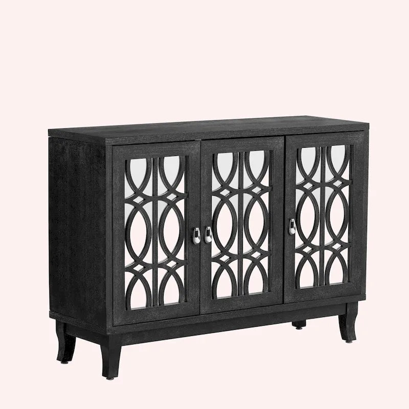 Retro Mirrored Sideboard with 3 Glass Doors – Farmhouse Storage Cabinet with Adjustable Shelves & Silver Handles