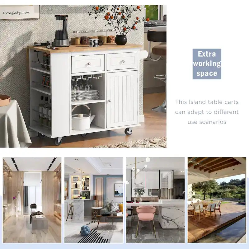 Kitchen Storage Island with Drop Leaf and Power Outlet For Dining Room