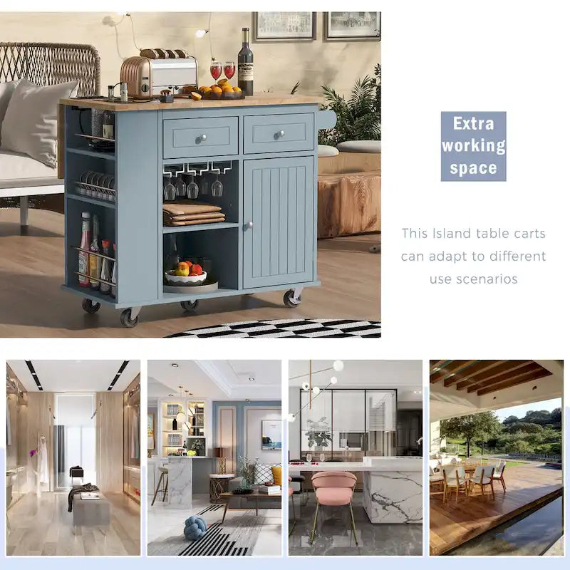 Kitchen Storage Island with Drop Leaf and Power Outlet For Dining Room