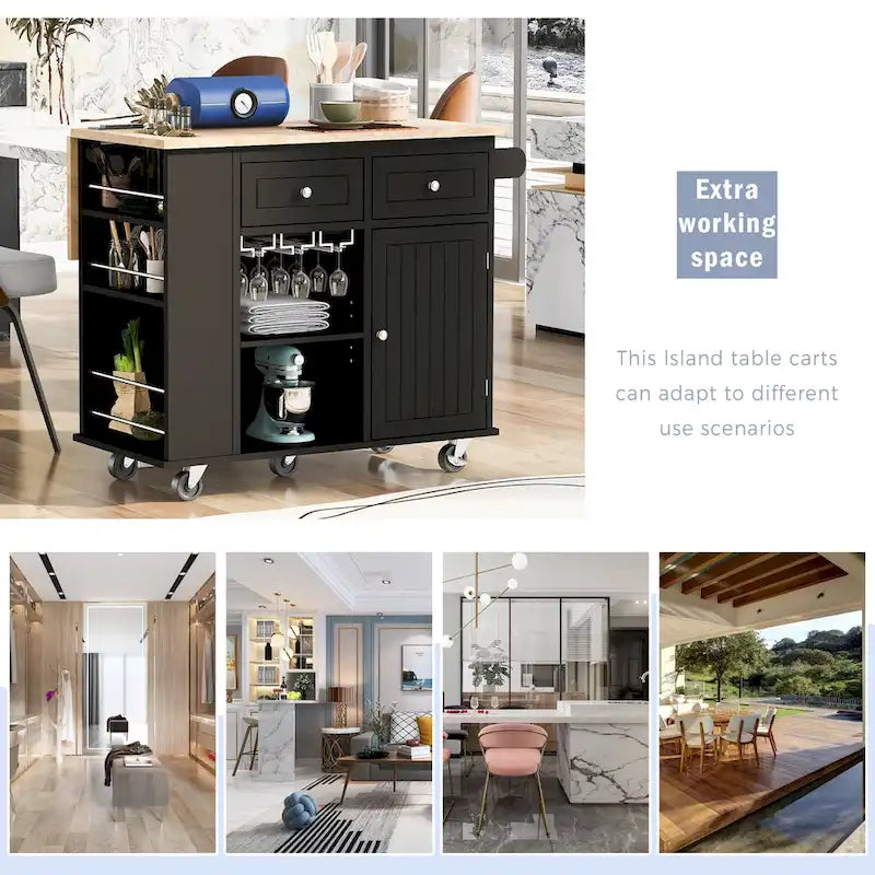 Kitchen Storage Island with Drop Leaf and Power Outlet For Dining Room