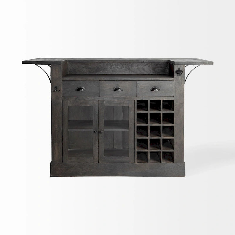Dark Brown Solid Wood w/Wine Bottle Storage Kitchen Island - 67.8L x 29.0W x 42.5H