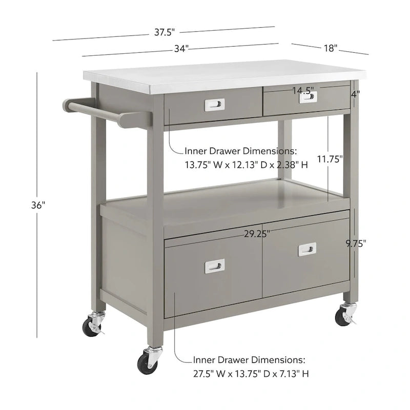 Stainless Steel Kitchen Cart with Shelves, Drawer and Wheels for Home or Restaurant Use