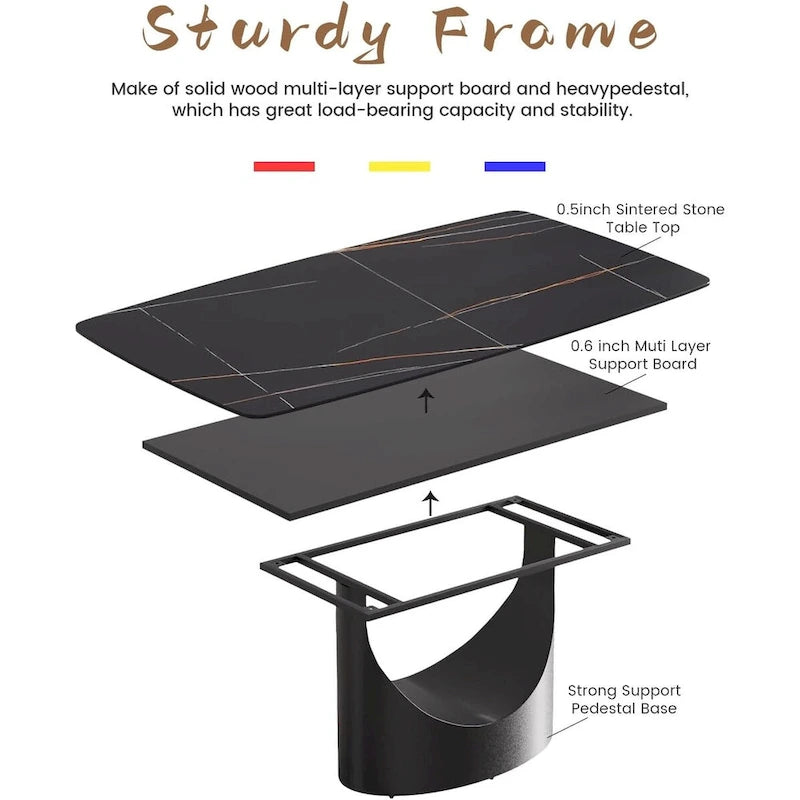 71 Black Marble Sintered Stone Table Top,Rectangle Dining Room Table with Unique U-Shape Black Carbon Steel Pedestal