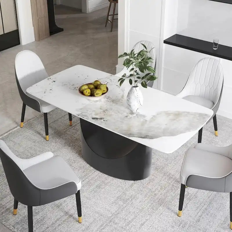 71 Black Marble Sintered Stone Table Top,Rectangle Dining Room Table with Unique U-Shape Black Carbon Steel Pedestal