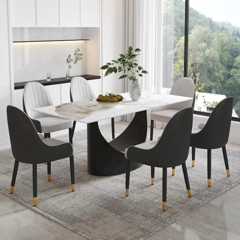 71 Black Marble Sintered Stone Table Top,Rectangle Dining Room Table with Unique U-Shape Black Carbon Steel Pedestal