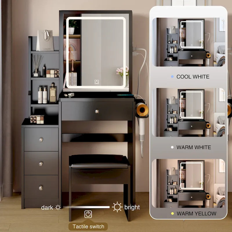 Make-Up Vanity Table and Stool with LED Mirror and USB Port